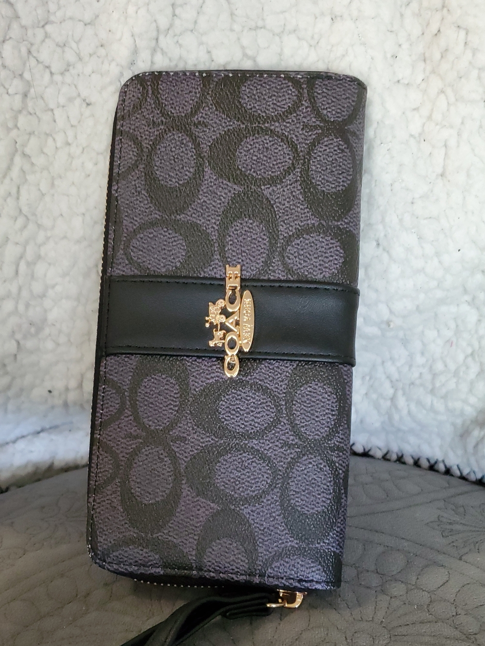 Coach Purple & Black Signature Wristlet Wallet with Gold Accent